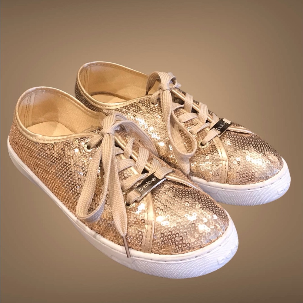 BEBE Sport GOLD‎ SEQUIN Logo blingy SNEAKER sz 7 EUC